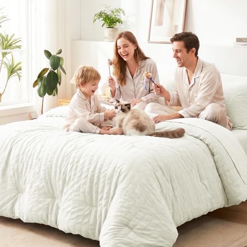 CozyLux California King Comforter Set 7-Piece Ivory Seersucker Bed in a Bag - Image 7