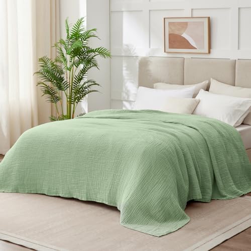 100% Cotton Muslin Blanket King 108" x 90", 6 Layers Breathable and Lightweight Cotton Throw Blanket for Bed, Soft Quilt Bedspread Coverlet, Gauze Blanket for Adults All Season, Sage Green - Image 2