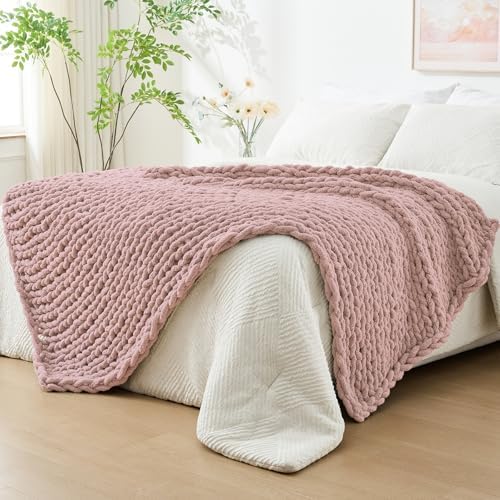 Bigacogo Chunky Knit Throw Blanket for Couch, 60x80 inches, Dusty Pink by Bigacogo