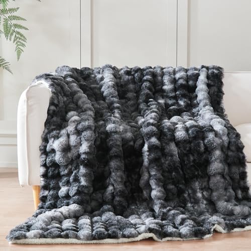 60x80 Inches Ultra-Soft Fuzzy Faux Fur Plush Twin Size Blanket - Thick, Warm Sherpa for Couch, Sofa, Bedroom, Camping - Decorative Blanket for Cozy Warmth, Bubble Black Tie Dye - Image 5