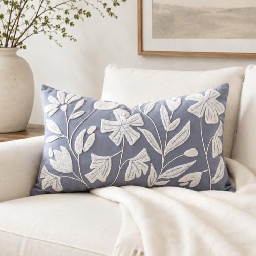 BlissBlush Decorative Lumbar Pillow Cover 12x20, Coastal Dusty Blue Accent Velvet Throw Pillowcase for Couch Sofa Living Room, Floral Tufted Rectangular Cushion, Cover Only by BlissBlush