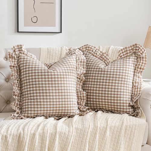 2 Pack Taupe/Brown Plaid Ruffle Throw Pillow Covers Farmhouse 20"x20" Brown by Qilunn