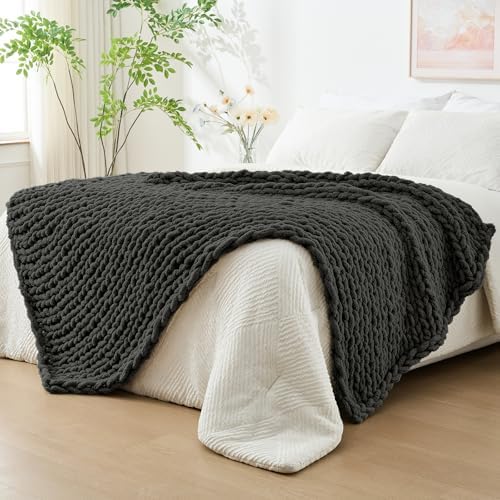 Bigacogo Chunky Knit Throw Blanket for Couch, 51x63 inches, Dark Grey by Bigacogo