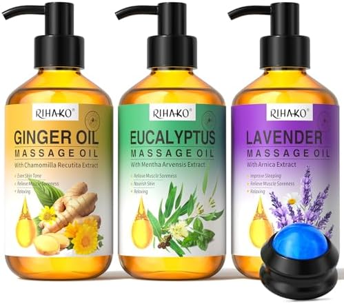 3 Pack Massage Oil Set for Massage Therapy,Ginger,Lavender & Eucalyptus Mint Essential Oils for Relaxation and Muscle Care,Aromatherapy Body Oil with Massage Ball Tool,Spa Kit for Women & Men by RIHAKO