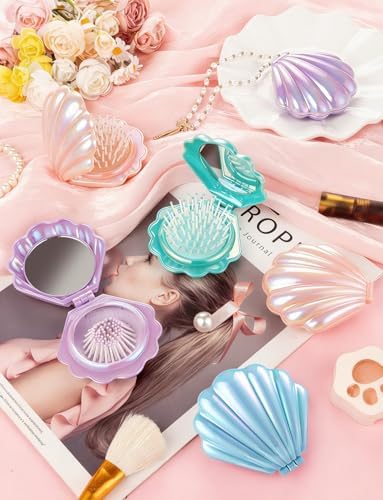 8 Pcs Foldable Travel Shell Hair Brush with Mirror - Image 2