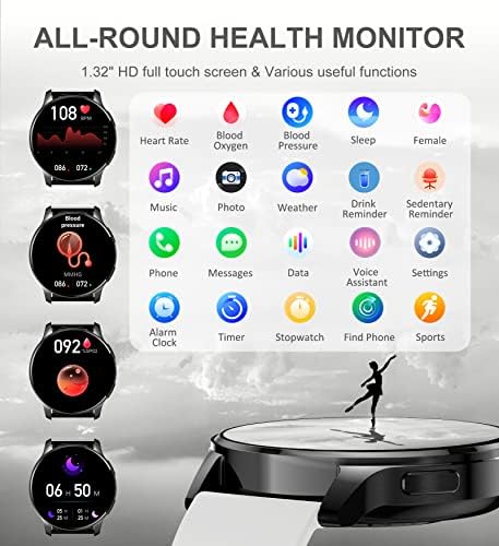 Smart Watch for Women Men, Bluetooth Call Fitness Tracker for Android and iOS Phones Waterproof Smartwatch with 1.32" HD Full Touch Screen AI Voice Control Heart Rate Sleep Monitor Pedometer, Black - Image 6