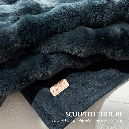 EverGrace Faux Rabbit Fur Bubble Throw Blanket, 60"x80", Marble Deep Indigo - Image 5