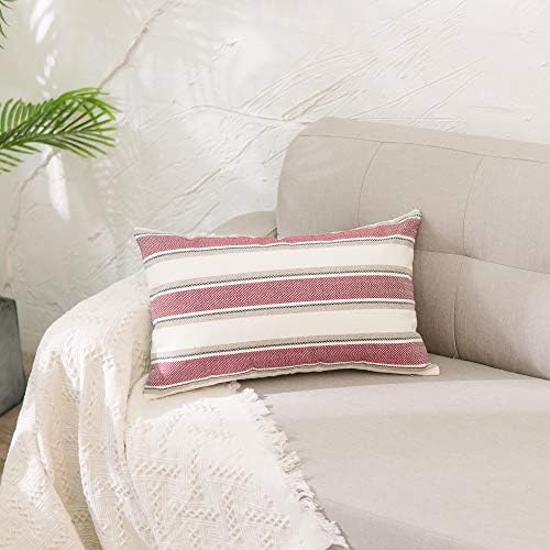 Stripe Throw Pillow Covers Case Faux Linen Lumbar Decorative Throw Cushion Covers Multi Color Pillowcase with Smooth Hidden Zipper for Sofa Bed Car Red White 2 Pieces 12"x 18" - Image 2