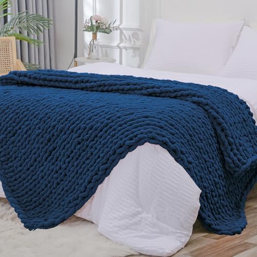 Bigacogo Chunky Knit Throw Blanket for Couch, 80x90 inches, Navy Blue by Bigacogo