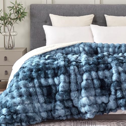 60x80 Inches Ultra-Soft Fuzzy Faux Fur Plush Twin Size Blanket - Thick, Warm Sherpa for Couch, Sofa, Bedroom, Camping - Decorative Blanket for Cozy Warmth, Bubble Dark Blue Tie Dye by Serenhom