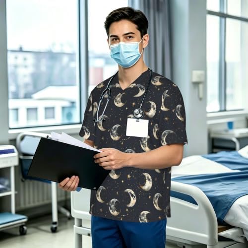 Men's Scrub Top,V-Neck Spill Wrinkle Resistant,3 Pockets-Moon Phase Pattern (10) - Image 3