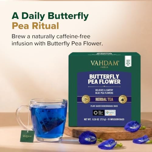 VAHDAM, Butterfly Pea Flower (15 Pyramid Bags) Vegan, Non-GMO | Delicate & Earthy | Direct From Source – Plant-Based Biodegradable | Brew Iced Tea, Cooking, Mocktails & Cocktails - Image 4
