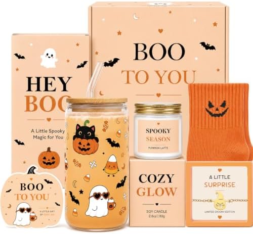 Boo Basket Stuffers for Women, Halloween Gifts Box w 16oz Ghost Glass Cup by FatWongcoi