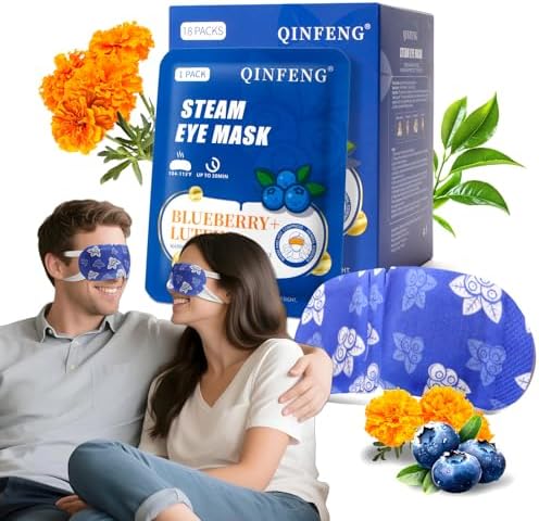 18 Packs Steam Eye Mask Self Heating Heated Eye Mask for Sleep, Warm Eye Compress for Eyes，Soothing Warm Eye Pads, Spa, Christmas Stocking Stuffers，Travel Essentials Blueberry Extract Unscented by QINFENG