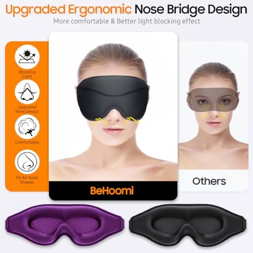 BeHoomi Sleep Mask, 2 Packs Premium Eye Mask for Sleeping, Total Blackout, Superior Soft Comfort, Upgraded 3D Ergonomic Designed Sleeping Mask for Home, Office, Travel, Meditation, Black & Purple - Image 2