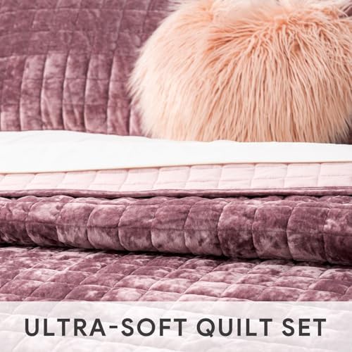 RECYCO Channel Box Stitch Velvet Quilt Set, King Size, Dusty Mauve Pink - Image 5