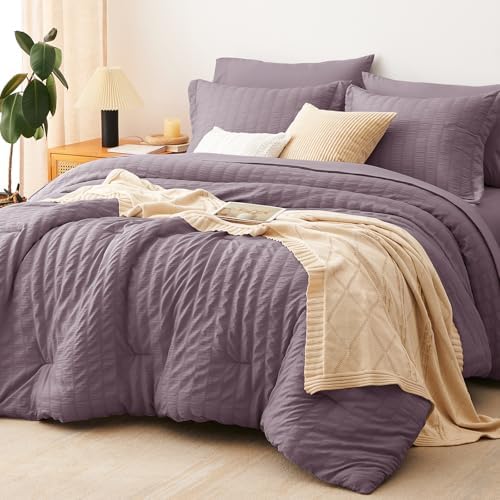 CozyLux Oversized King Comforter Set 120x98 7-Piece Dusty Purple Seersucker by CozyLux