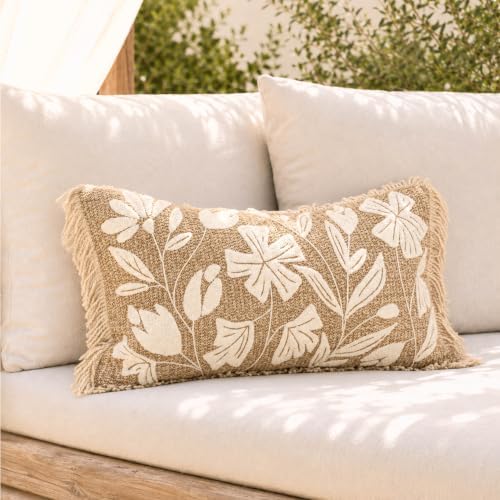 BlissBlush Lumbar Pillow Cover 12x20 Inch Indoor Outdoor, Jute Inspired Floral Tufted Decorative Accent Pillow Case for Patio Couch Sofa Living Room, Cover Only by BlissBlush
