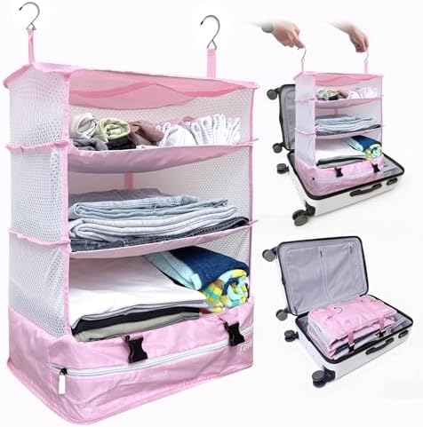 Grand Fusion Stow-N-Go Hanging Travel Shelves, Packing Organizer for Luggage. Carry on Closet for Suitcase. Expandable Packing Cube. Travel Essentials. (Pink - XL, XL = (L) 17.7" x (W) 11.8") by GrandFusion