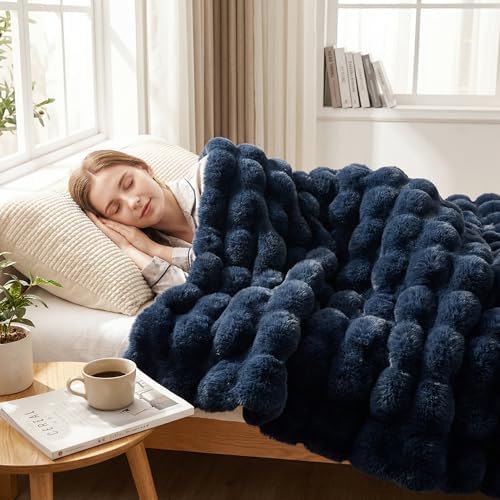 DREAMNINE Soft Faux Bubble Rabbit Fur Throw Blanket for Couch, Thick Cozy Decorative Warm Fuzzy Fur Blanket for Sofa Chair Bedroom Living Room Dorm Gift, 50 * 60 Inches, Navy Blue by DREAMNINE