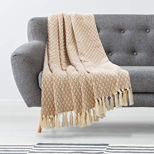 Americanflat 50x60 Throw Blanket - Soft and Breathable Cotton Throw Blanket for Couch, Bed, Chair - Decorative Blankets Perfect for Home, Office, or Outdoor Use - Khaki and White Mini Diamond Design - Image 5