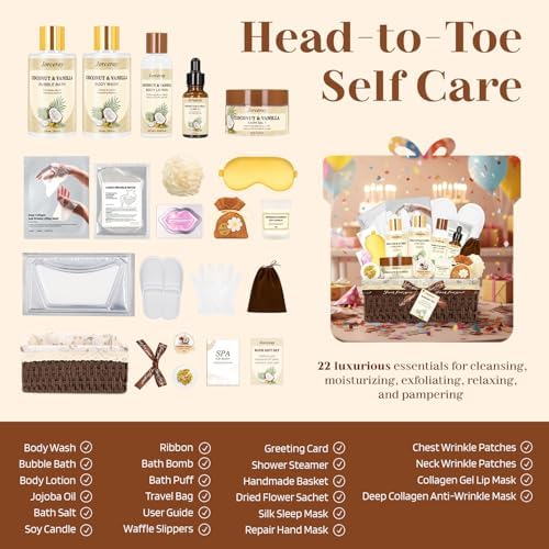 22PCS Spa Gift Baskets for Women, Luxury Bath and Body Gift Basket Set for Women Coconut Vanilla Spa Kit Relaxing Spa Self Care Gift for Her Wife Lover Mom Sister - Image 4