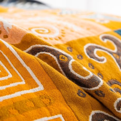 100% Muslin Cotton Throw Blanket for Bed Couch Chair, Bohemian Tribal Patchwork Retro Quilt Ultra Soft Reversible Gauze Blanket for All Season, 90"x98" - Image 4