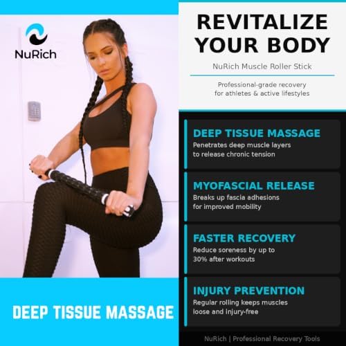 NuRich Muscle Roller Stick – 9-Roller Deep Tissue Massage Stick for Athletes – Trigger Point & Myofascial Release Tool for Legs, Calves & Back – 17.5 in Physical Therapy & Recovery Roller - Image 4