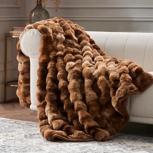 EverGrace Faux Rabbit Fur Bubble Throw Blanket, 60"x80", Lion Caramel by EVERGRACE