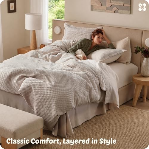 Bedsure PureWoven 3 Pieces 100% Cotton Waffle Duvet Cover Set, King, Linen - Image 6