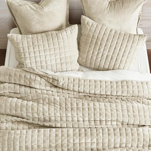RECYCO Channel Box Stitch Velvet Quilt Set, Full Queen Size, Beige - Image 3