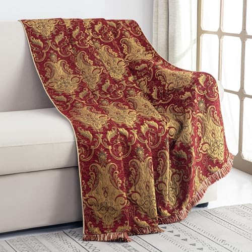 Loom and Mill Luxury Jacquard Damask Throw Blankets for Bed, Red, 52"x72" - Image 2