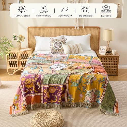 VANJOROY King Boho Throw Blanket, 100% Organic Cotton Breathable Skin-Friendly Ultra Soft 91" x 98" Bed Patchwork Throw - Floral Rustic Luxury Reversible Blanket for Sofa Couch Chair and Gift - Image 4