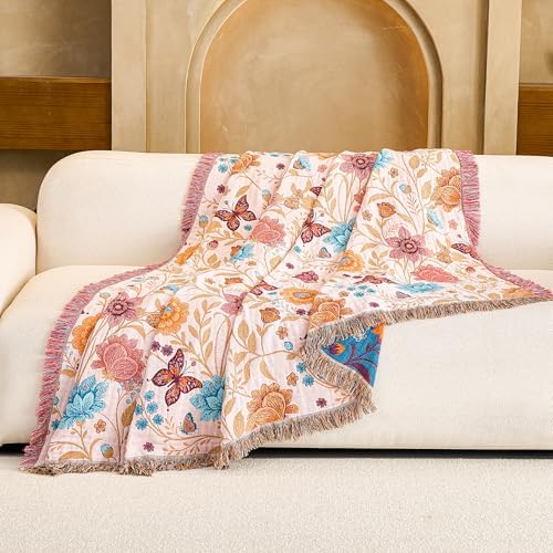 VANJOROY Boho Throw Blanket, 100% Organic Cotton Breathable Ultra Soft 60" x 80" Bed Quilt Throw - All Season Floral Rustic Farmhouse Decor Luxury Reversible Blanket for Sofa Couch Chair and Gift - Image 7