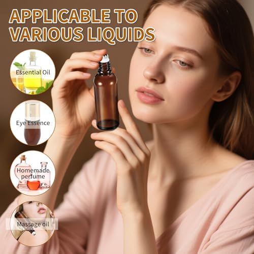 10ML Roller Bottles for Essential Oil, 4 Pack Empty Amber Glass Roller Bottle for Perfume Oil, Roll on Bottles with Stainless Steel Roller Balls, Opener, Funnel and Dropper for Aromatherapy, Massage - Image 3