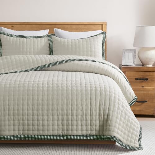 WDCOZY Wheat Cloud Quilt Set Queen Size, Lightweight Soft Cross Stitch Bedspread, Farmhouse Rustic Country Coverlet, Spring Summer Thin Comforter, 3 Pieces, 2 Pillow Shams, 90x90 inches by WDCOZY
