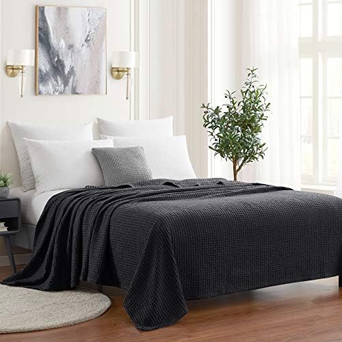 Sweet Home Collection 100% Fine Cotton Blanket Luxurious Weave Stylish Design Soft and Comfortable All Season Warmth, Full/Queen, Waffle Weave Black (Pack of 1) by SweetHomeCollection