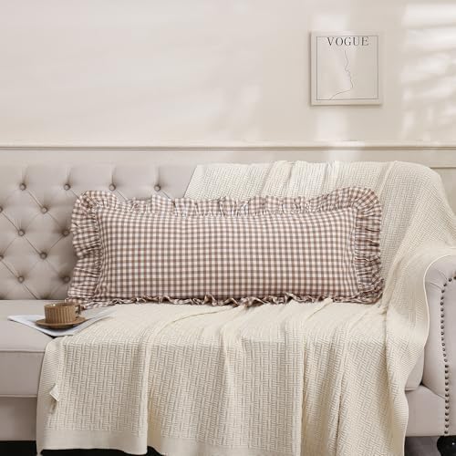 14x36 inches Taupe Plaid Ruffle Gingham Lumbar Throw Pillow Cover - Image 3