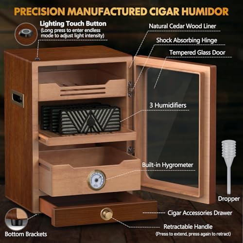 Tesonway Cigar Humidor, Desktop Cigar Humidor Cabinet Light Control System with Spanish Cedar Wood Shelves, Hygrometer, 3 Humidifiers and Cigar Accessories Drawer, Father's Day Gift for Men (Brown) - Image 2