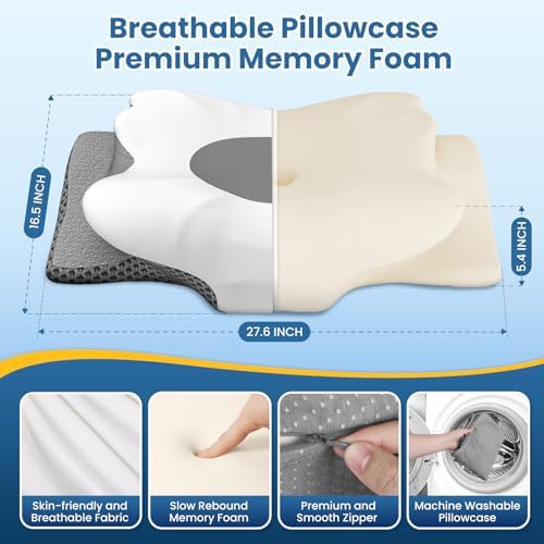 Memory Foam Bed Pillow – Contour Support Pillow for Side & Back Sleepers, Soft Ergonomic Design, Cooling Breathable Cover, Removable Washable Case, King Size, Grey - Image 2