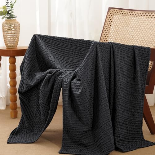 PHF Lightweight Waffle Weave Throw Blanket 50"x 60", Soft Woven Summer Blanket for Hot Sleepers - Aesthetic Home Decor for Couch Bed Sofa, Pet Friendly, Black by PHF
