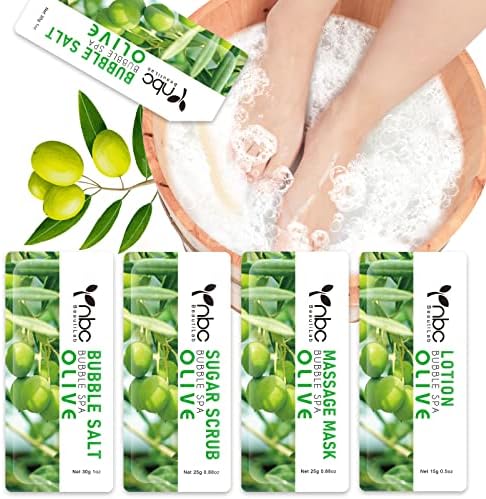 Pedicure Kit Foot Soak Set: Bubble Salt, Sugar Scrub, Massage Mask, Massage Lotion in a Box, 4 Step Foot Spa Kit for Dry Feet,Tired Feet (1 Set Olive) by nbcBeautiLab