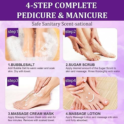 24 PCS Foot Soak, Pedicure Kit Foot Soak Set With Bubble Salt, Sugar Scrub, Massage Mask, Massage Lotion In a Box 4 Step Foot Spa Kit For Dry Cracked Feet, Tired Feet, 6 Set Lavender - Image 6
