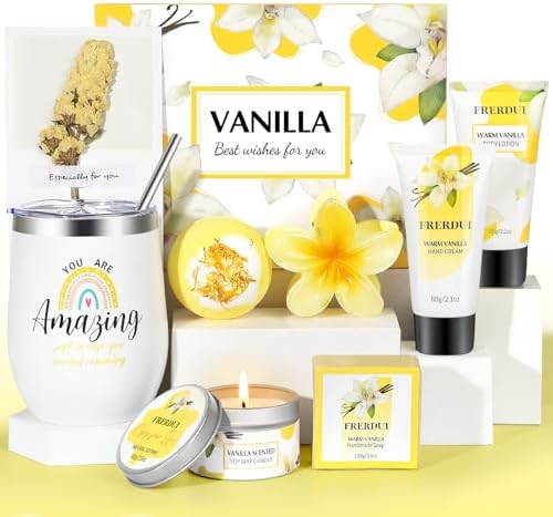 Birthday Gifts for Women, Relaxing Spa Gift Baskets for Women, Warm Vanilla Self Care Bath and Body Gift Set Care Package for Her Wife Mom Female Friends Bestie Sister Mothers Day Gifts by Frerdui