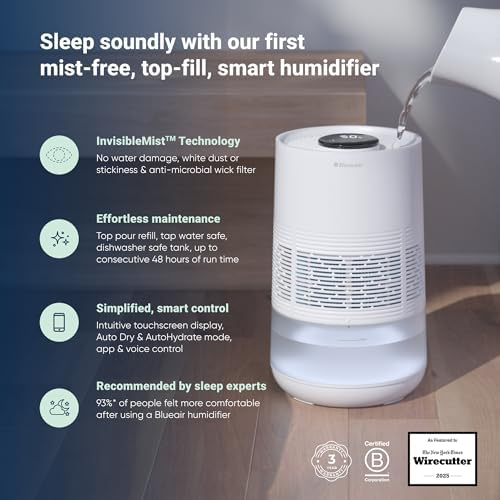 BLUEAIR Premium Smart Humidifier for Large Rooms, Bedrooms, Better Sleep with Evaporative Invisible Mist Tech, Auto Humidify, Easy Top Fill, Smart Control with App, Touchscreen, 3.5L Tank for 48 hours - Image 2