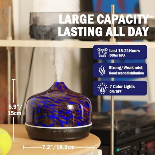 Porseme 500ml Glass Essential Oil Diffuser Aromatherapy Ultrasonic Cool Mist Humidifier 15-21 Running Hours Waterless Auto-Off Air Diffusers for Sleeping Yoga Working Spa(Cobalt Blue) - Image 3