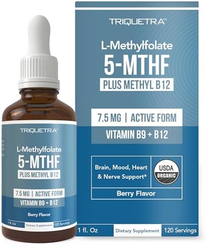 Organic L Methylfolate 7.5 mg Plus Methyl B12 Cofactor - Metabolically Active 5-MTHF Form, Superior Form of Folate - Organic Berry Flavor, Liquid Sublingual Form – Mood, Cognition, Methylation (1oz) by TriquetraHealth