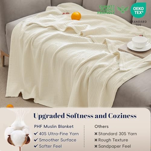 PHF 100% Cotton Muslin Throw Blanket 50" x 60", 4-Layer Lightweight Gauze Throw, Breathable Cloud-Soft Minimalist Blanket for Bed, Couch, Camping, Birch, Ideal Gift - Image 4
