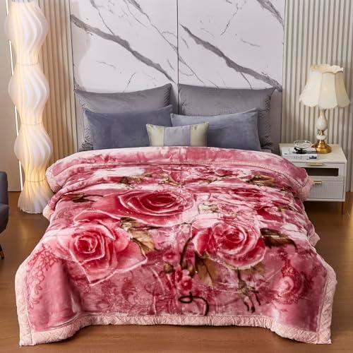 5.5 lbs Korean Faux Mink Fleece Throw 59×79 inch, Silky Soft and Warm, 2 Ply Reversible Raschel Pink Rose Throw. by LGYKUMEG