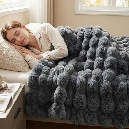 DREAMNINE Soft Faux Bubble Rabbit Fur Throw Blanket for Couch, Thick Cozy Decorative Warm Fuzzy Fur Blanket for Sofa Chair Bedroom Living Room Dorm Gift, 50 * 60 Inches, Grey by DREAMNINE